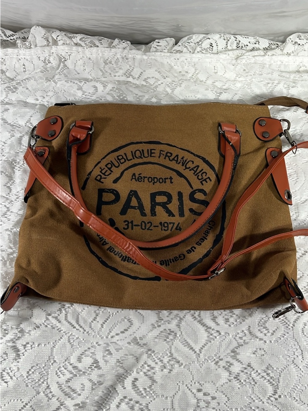 Paris Stamp Canvas Tote with Tan Leather Trim